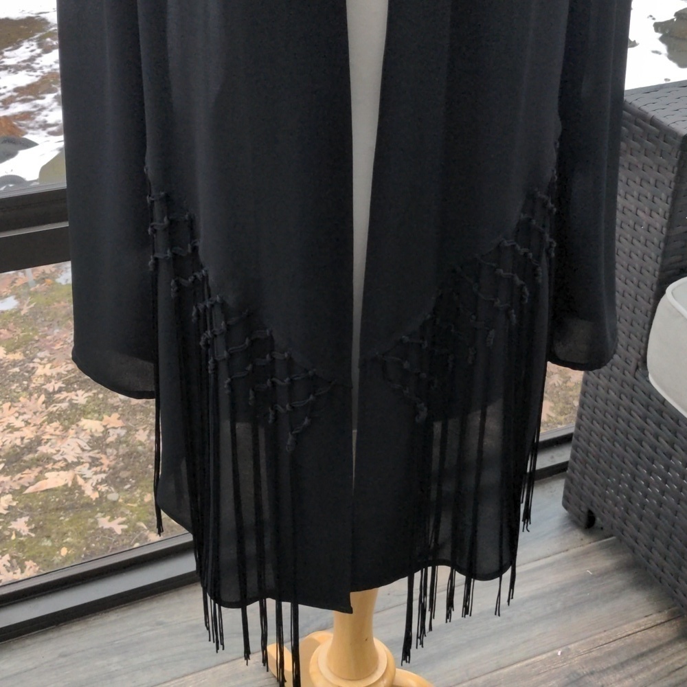Chico's black semi sheer fringes kimono Size S - Picture 6 of 8